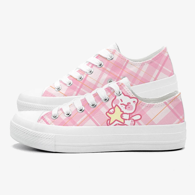 Celestial Cosmic Cuddle Plaid Sneakers with cute star, moon, and plush details for kawaii streetwear
