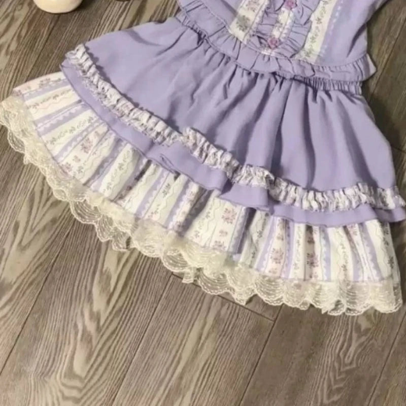 Chérie Lilac Ruffle Set in lavender hue, puff-sleeve crop top and layered skirt, flirty kawaii cutecore abdl ddlg dollcore babygirl outfit