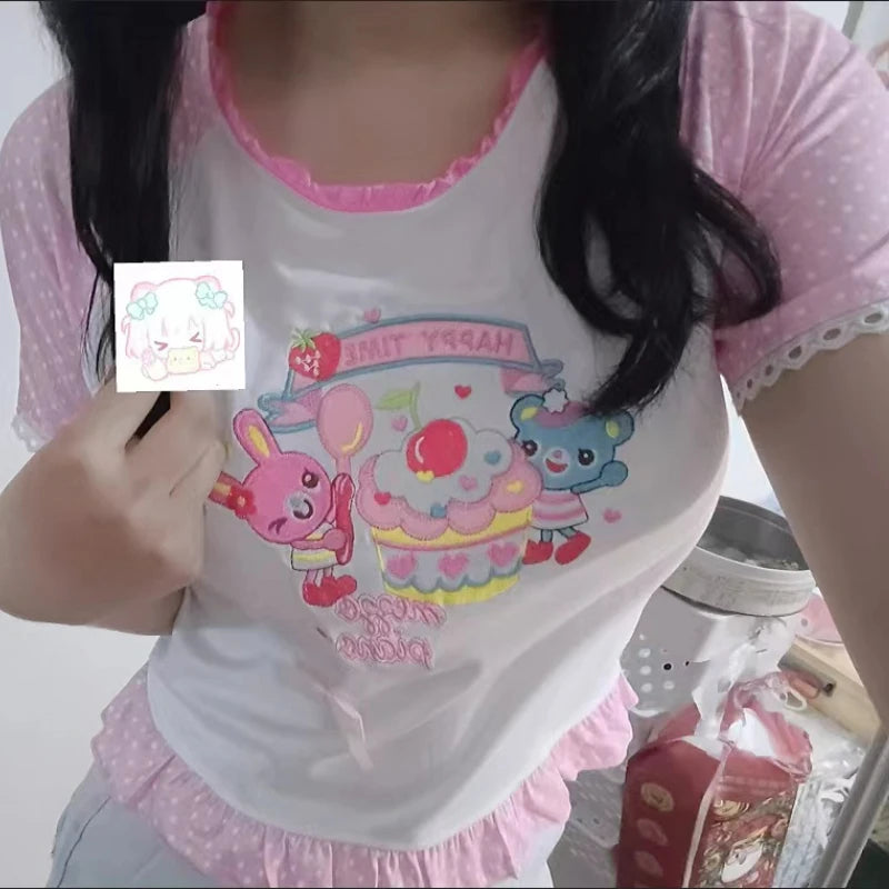 Soft pink crop top with cherry cake print, made for ABDL and DDLG littlewear and playful dress-up