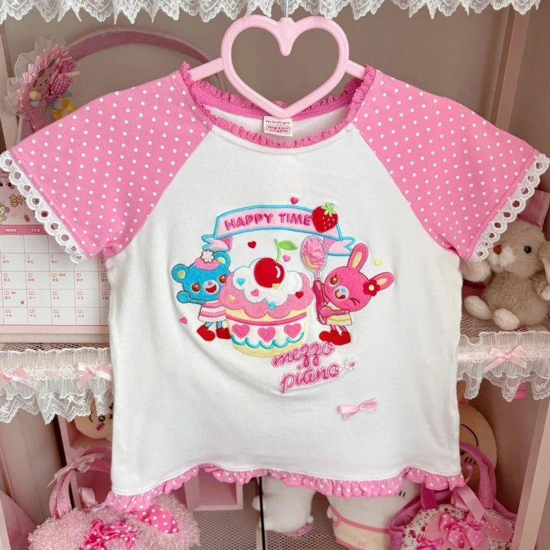 Soft pink crop top with cherry, cake, bear, and bunny print for DDLG or kawaii pastel fashion styles