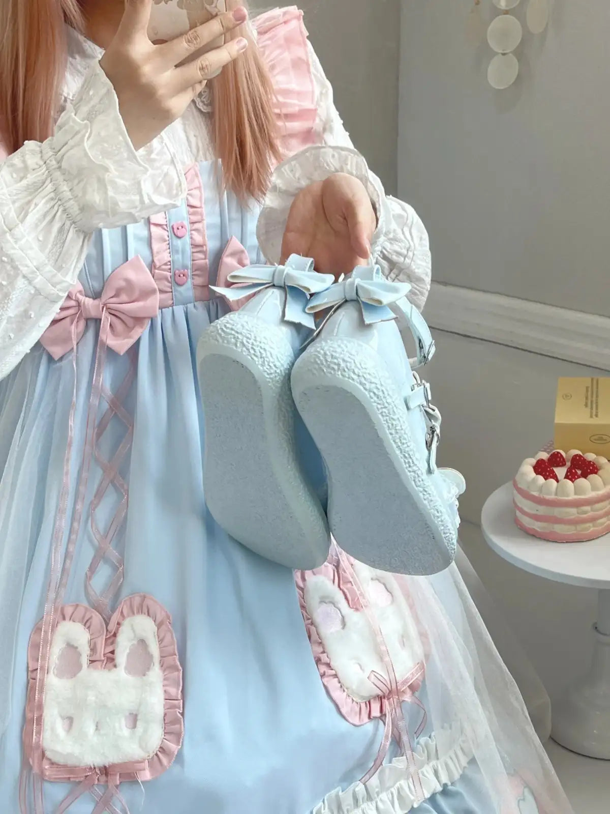 Blue sky Cherub Heart Cutie Platforms with raised heart accent and angelic wings, whimsical and perfect for kawaii outfits