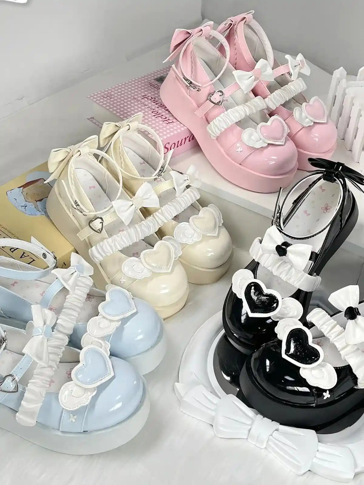 Cherub Heart Cutie Platforms set of 4 pastel and black pairs, featuring hearts, angel wings, and 3D bows, sweet girl must-have.