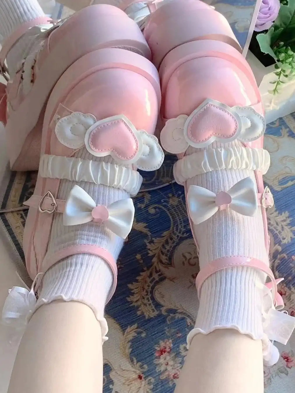 Pink love Cherub Heart Cutie Platforms with 3D bows and heart centerpiece, perfect for DDLG and lolita outfits.