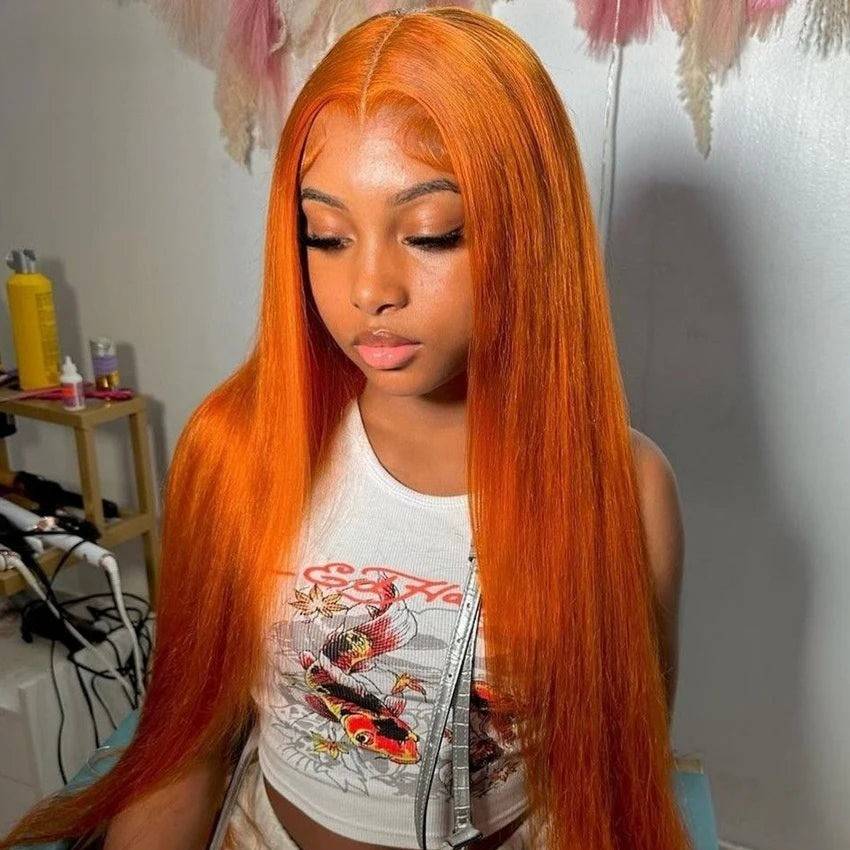 Clementine Dream Wig in vibrant orange, long and sleek style perfect for cosplay, pastelcore, and kawaii fashion.