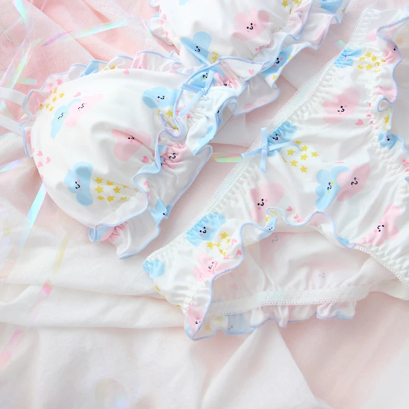 Yellow pastel Cloud Nine bra and panties set with cartoon clouds, comfy fit for DDLG ABDL softcore outfits