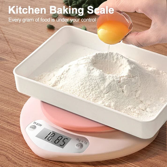 Durable ABS plastic pink kitchen scale with gram, ounce, and pound units for cooking versatility