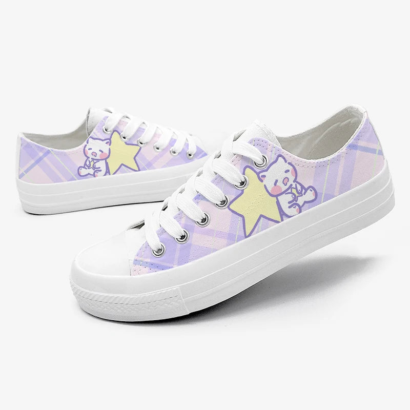 Cosmic Cuddle Plaid Sneakers designed for kawaii fashion lovers, featuring star, moon, and plush prints