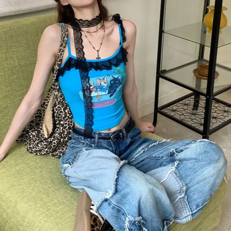 Couch Club blue Kitty Lacy Top perfect for casual loungewear with lightweight lace and cats