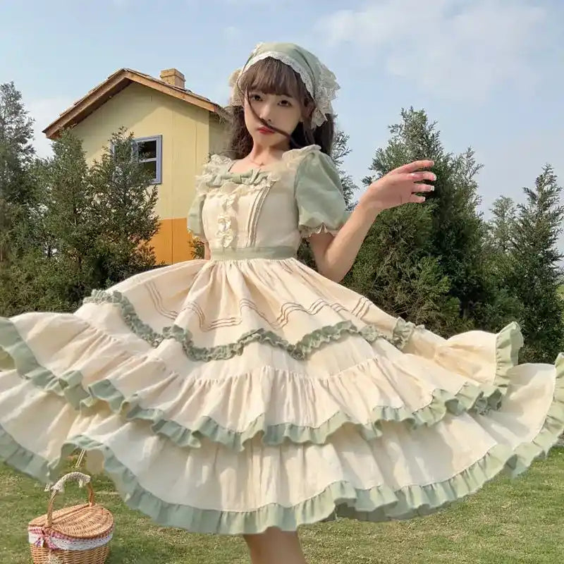 Country Chic Lolita Dress with puff sleeves and kawaii prairie style