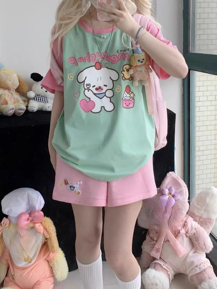 Cozy oversized tee with cute kitty bakery graphic in kawaii style