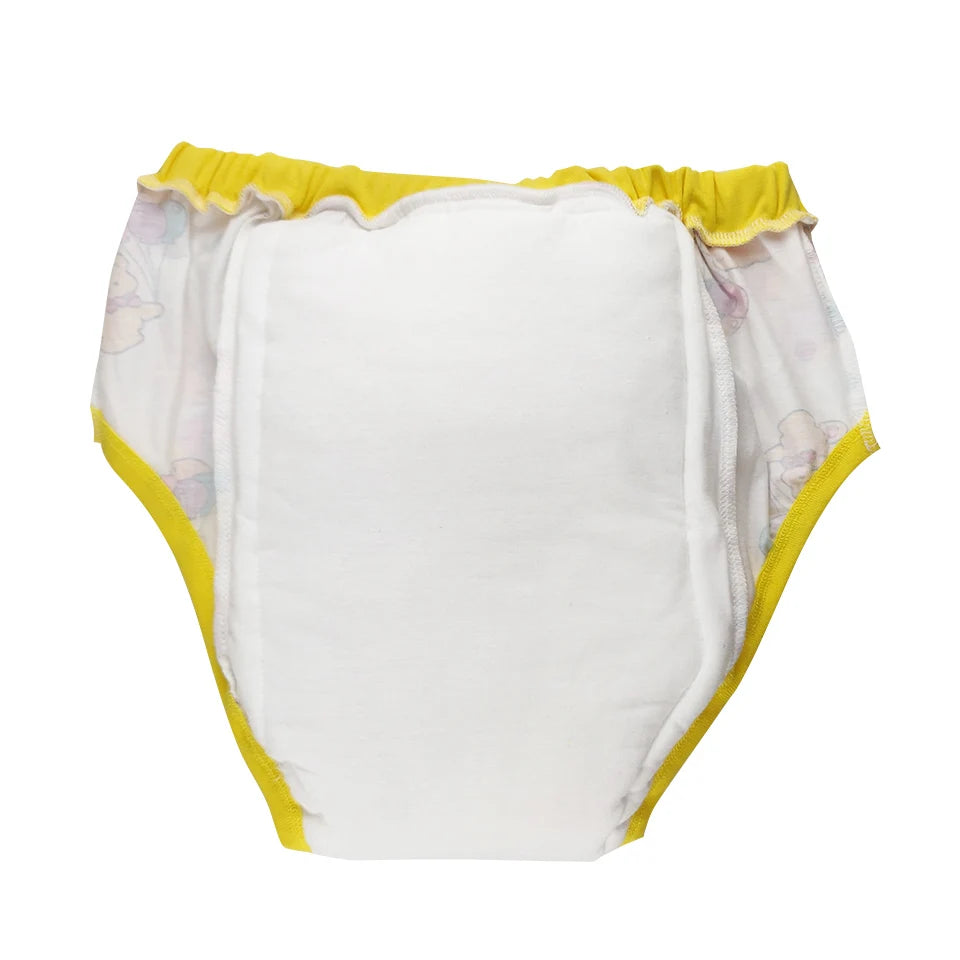 Cozy Snuggle Bear training pants with bunny and yellow balloon print, gentle elastic waistband for comfort