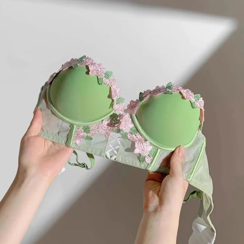 Cream floral bustier with lace-up front and frilly panty sides for pastel DDLG ABDL fairycore fashion