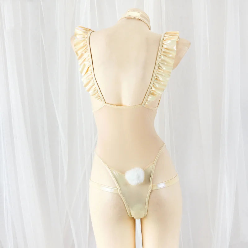 Glossy Creamy BunBun bodysuit with bunny tail and bow detail in ddlg baddie Y2K style