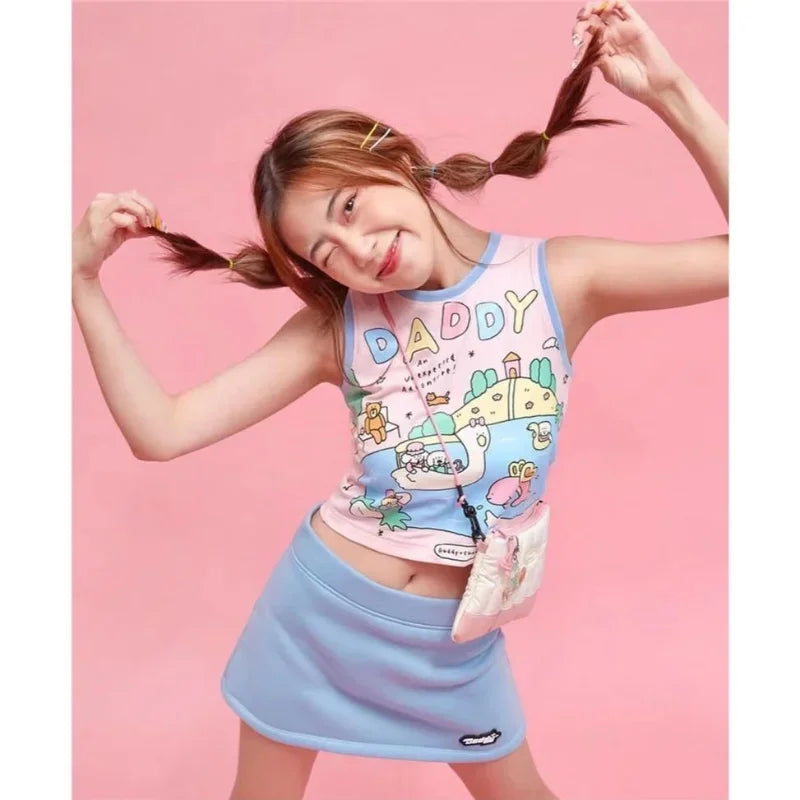 Cropped Daddy’s Favorite tank top in pastel colors with kawaii cartoon design, comfy for everyday wear.