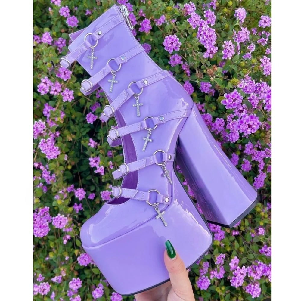 Lavender gothic heels with buckled straps and cross charms for kawaii, ddlg, and pastel goth fashion