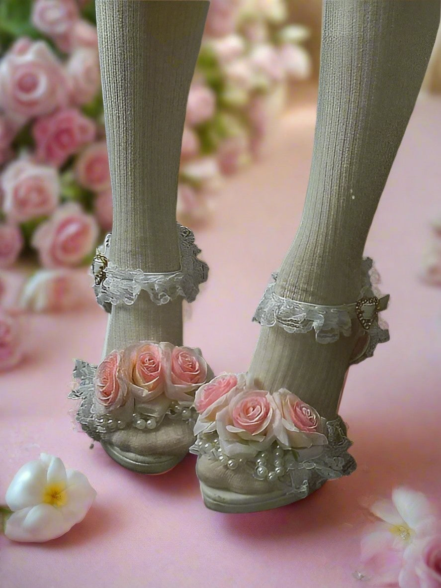 Crowned in Roses Heels with pink roses, white base, pearl accents, and frills for kawaii ddlg princesscore fashion