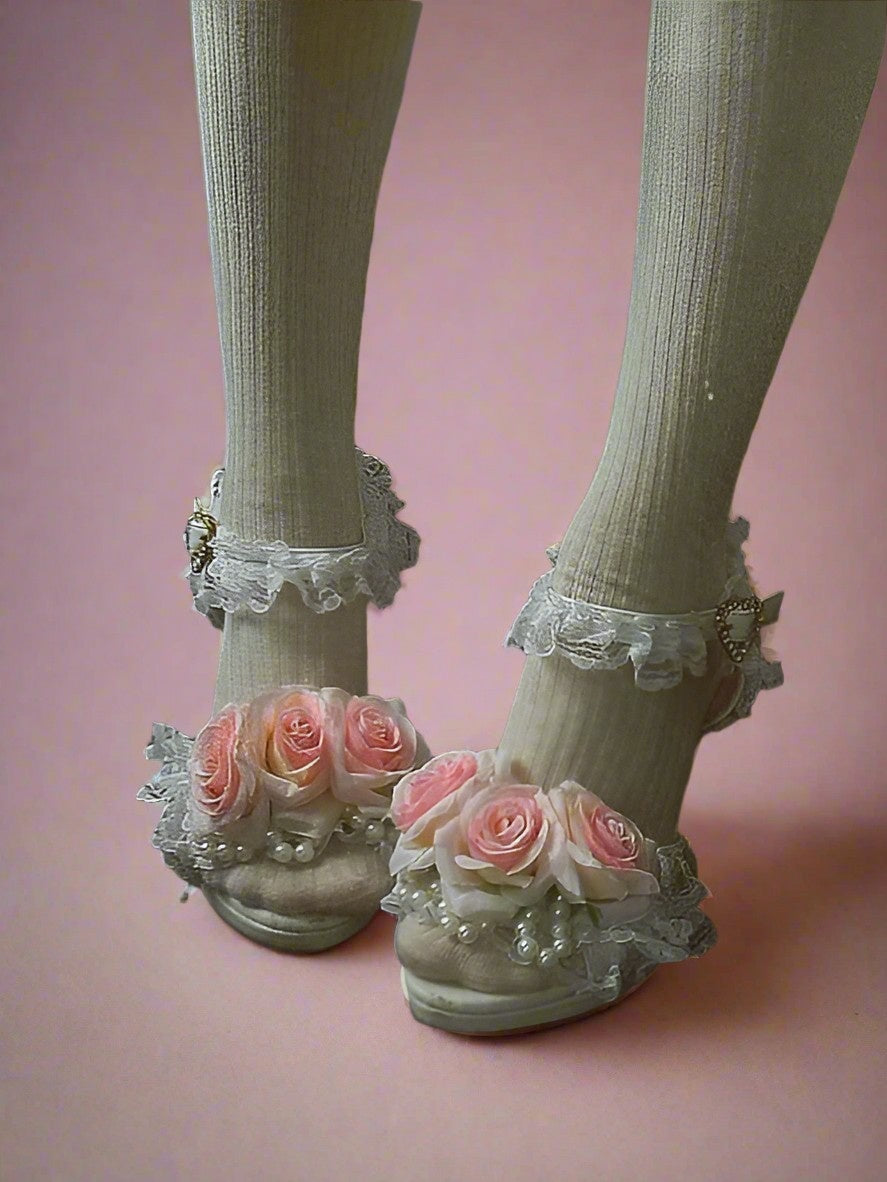 Crowned in Roses Heels, Pink roses on white heels, front view, frills and pearl accents, princesscore and romantic fashion