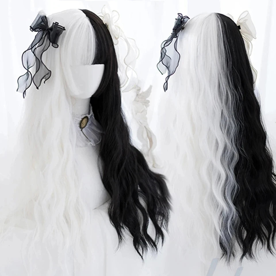 Cruella split wig with striking black and white half-and-half design for kawaii and cosplay