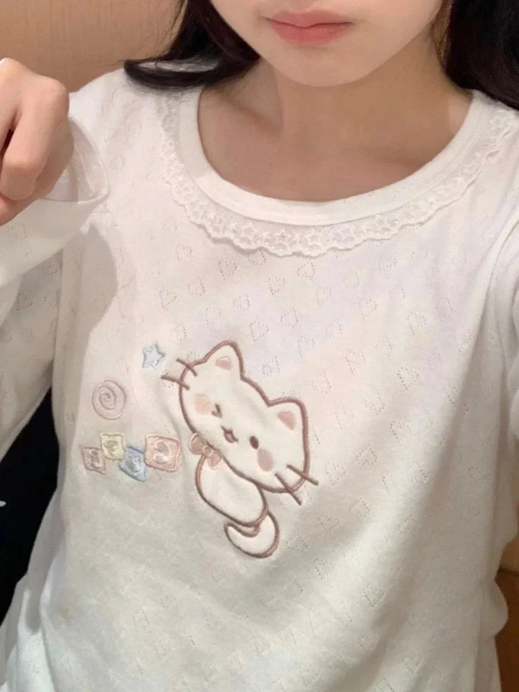 Blue long sleeve tee with cubic kitten embroidery and lace details, perfect for soft girl DDLG ABDL fashion
