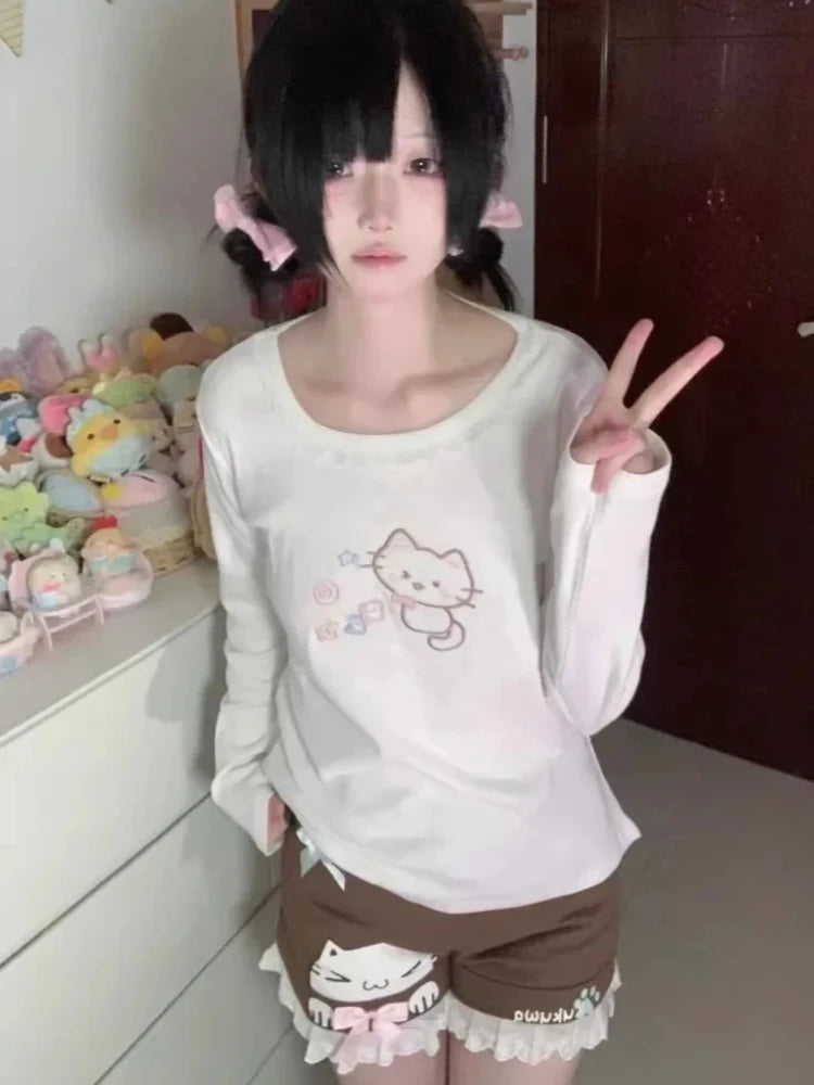 Lavender long sleeve tee featuring cubic kitten embroidery and lace trim for DDLG ABDL soft girl style