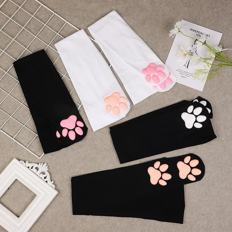 Cozy black 3D pawprint stockings designed for cuddlecore ABDL DDLG and kawaii softcore looks