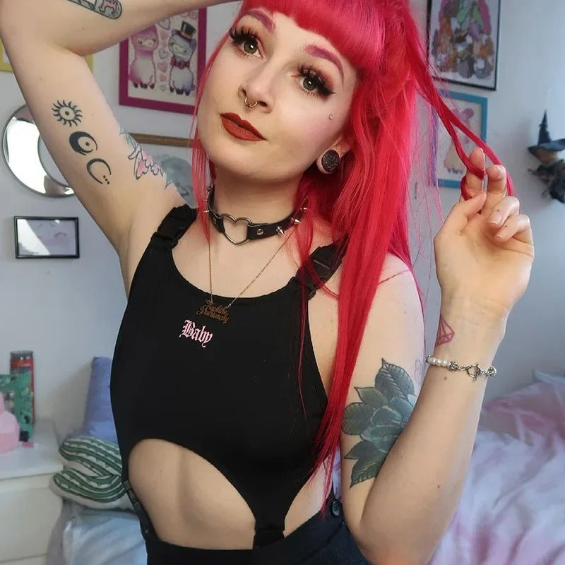 Sexy curve out bodysuit black and pink cutecore flirty outfit