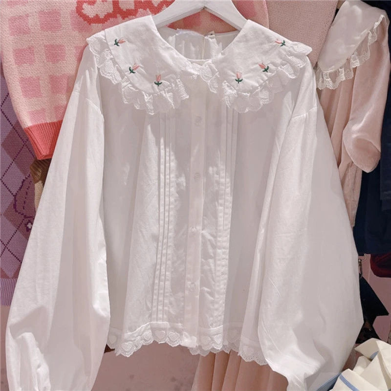 Pink floral embroidered blouse designed for curvy kawaii lolita style outfits
