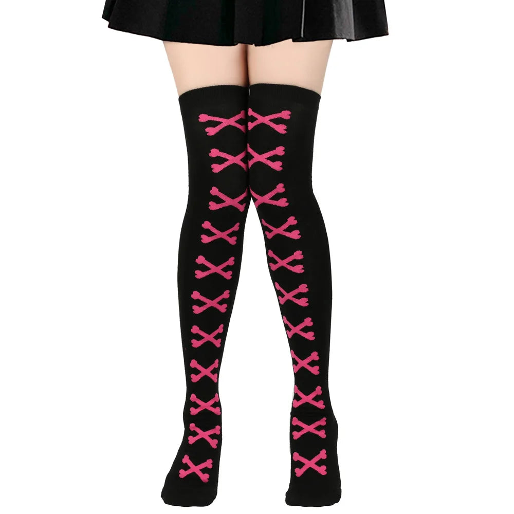 Black and dark pink crossed bones stockings, cozy and edgy for DDLG/ABDL fashion.