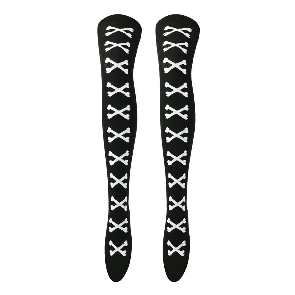 Black and white crossed bones stockings, cozy and playful for kawaii DDLG/ABDL outfits.