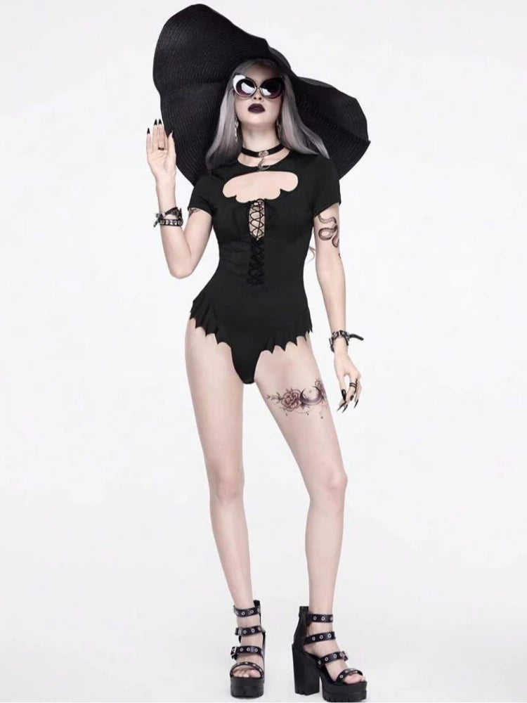 Batty Sweetheart Bodysuit with bat-wing chest cutouts, vertical lace, adjustable straps, perfect for cutecore and dollcore aesthetics