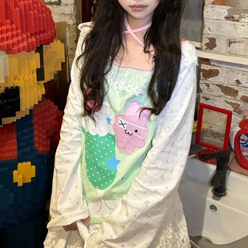 Cute kawaii lime green tee with milkshake print, lightweight and perfect for layering