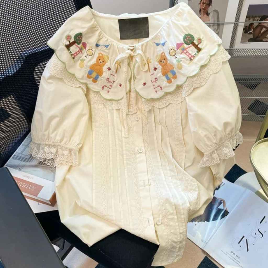 Cute kawaii lolita top with teddy bear print and soft fabric for everyday pastel fashion