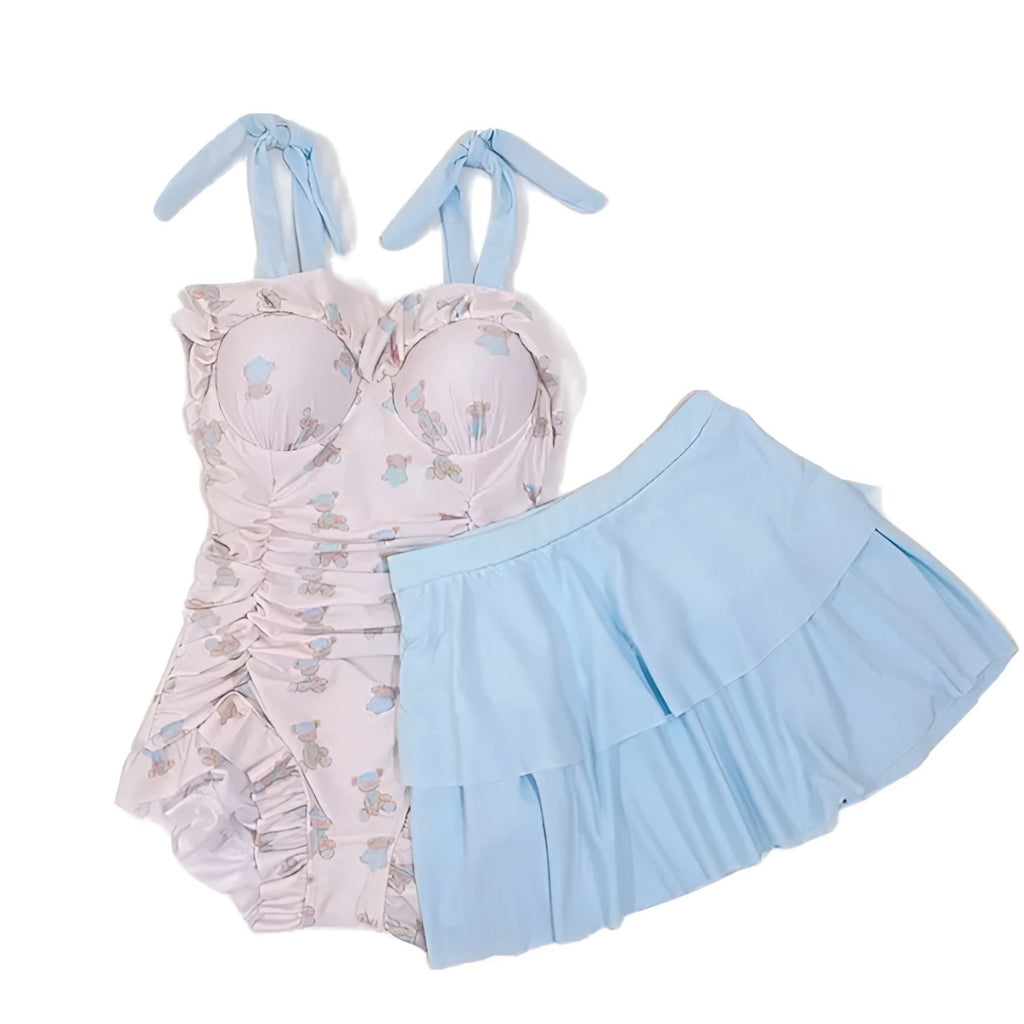Kawaii ruffle swimsuit onesie with bear print in anime Lolita style
