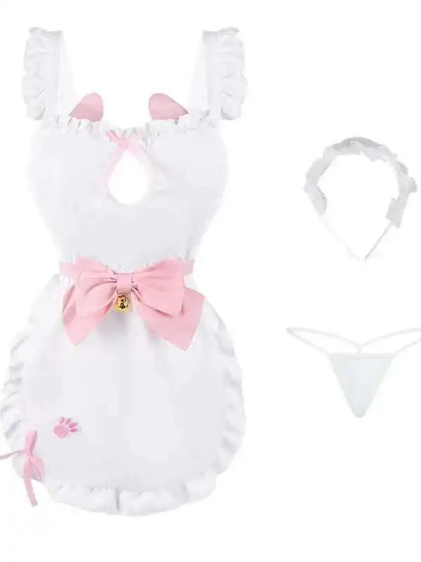 Cute neko maid apron set with bell, paw print, and pink accents for DDLG kawaii cutecore play