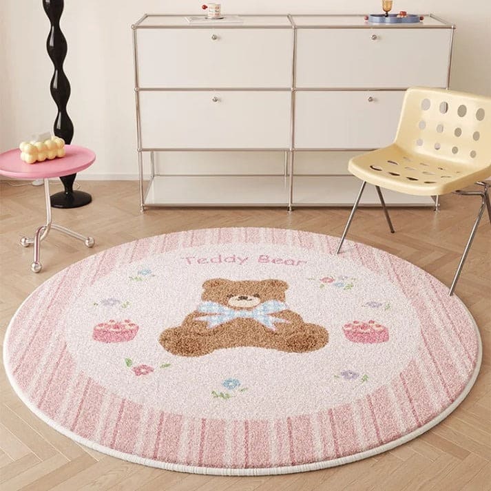 Angled view of kawaii pink teddy bear rug, round plush carpet ideal for soft aesthetic bedroom or kids playroom setup