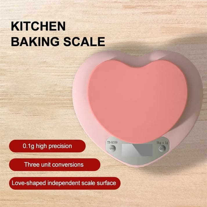 Accurate digital kitchen scale with sweet pink heart design, ideal for measuring ingredients up to 5kg