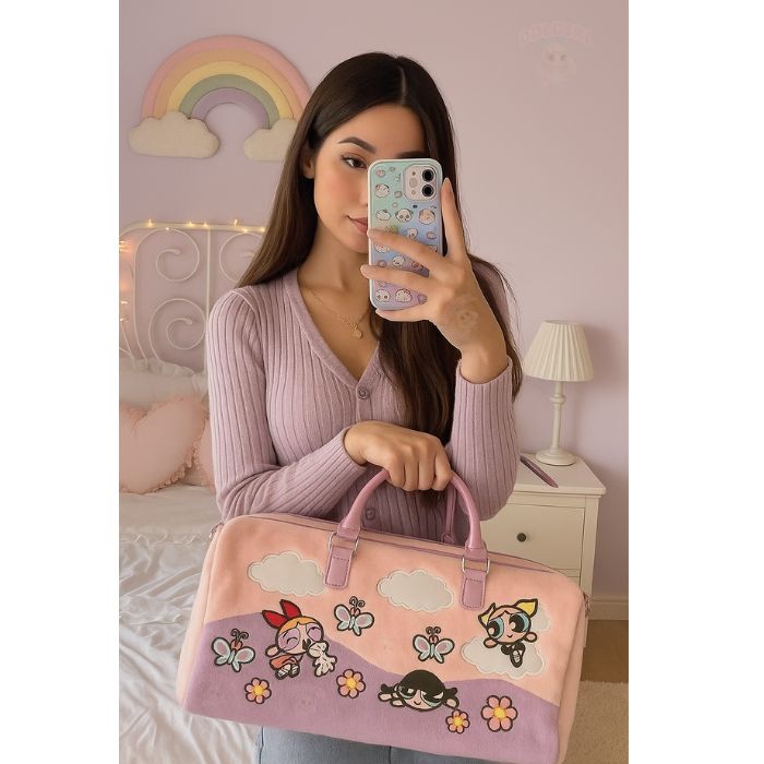 Cute Plush Girl Squad Handbag β spacious pastel pink and purple bag with shimmering holographic handles, ideal for soft girl, kawaii, and cutecore aesthetics