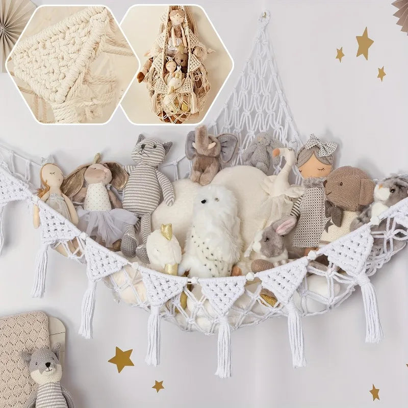close-up of cute plushie storage hammock showing durable mesh and adjustable straps for toys and dolls