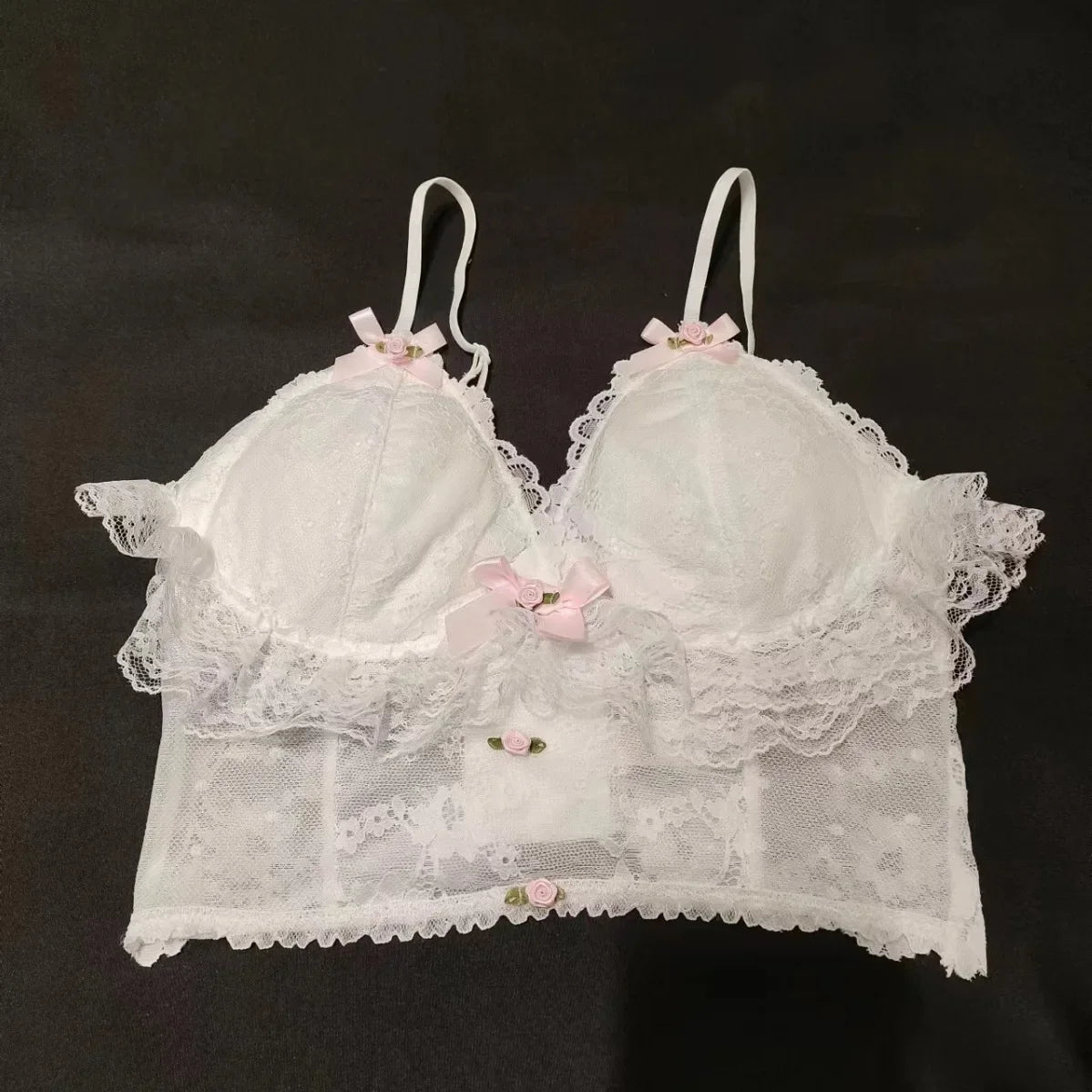 Cute retro lace lingerie set with non-steel ring bra and panties, breathable fabric with sweet bow accents