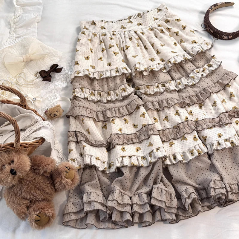 Adorable teddy bear midi skirt with elastic waistband, perfect for DDLG and kawaii outfits