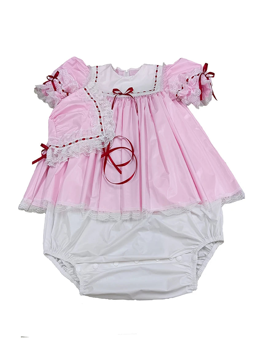 Cutecore ABDL romper Little Sakura set, pink with red lace ribbons, perfect cozy kawaii outfit