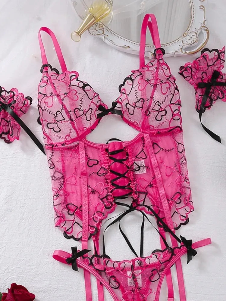 Seductive 4-piece ddlg lingerie set with corset, thong, bra, and mesh gloves in cutecore bad romance style
