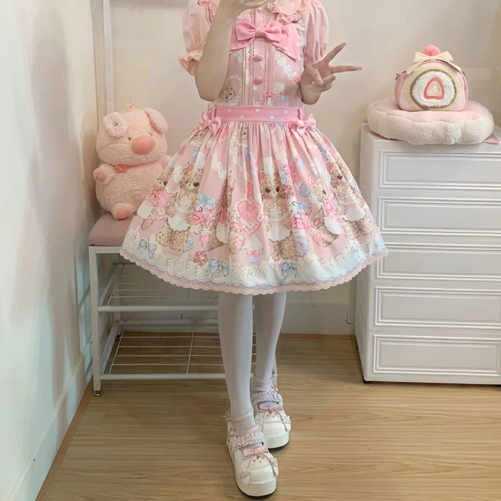 Cutecore Bunny Kawaii Platform Shoes with bow and lace accents, perfect for lolita-inspired outfits