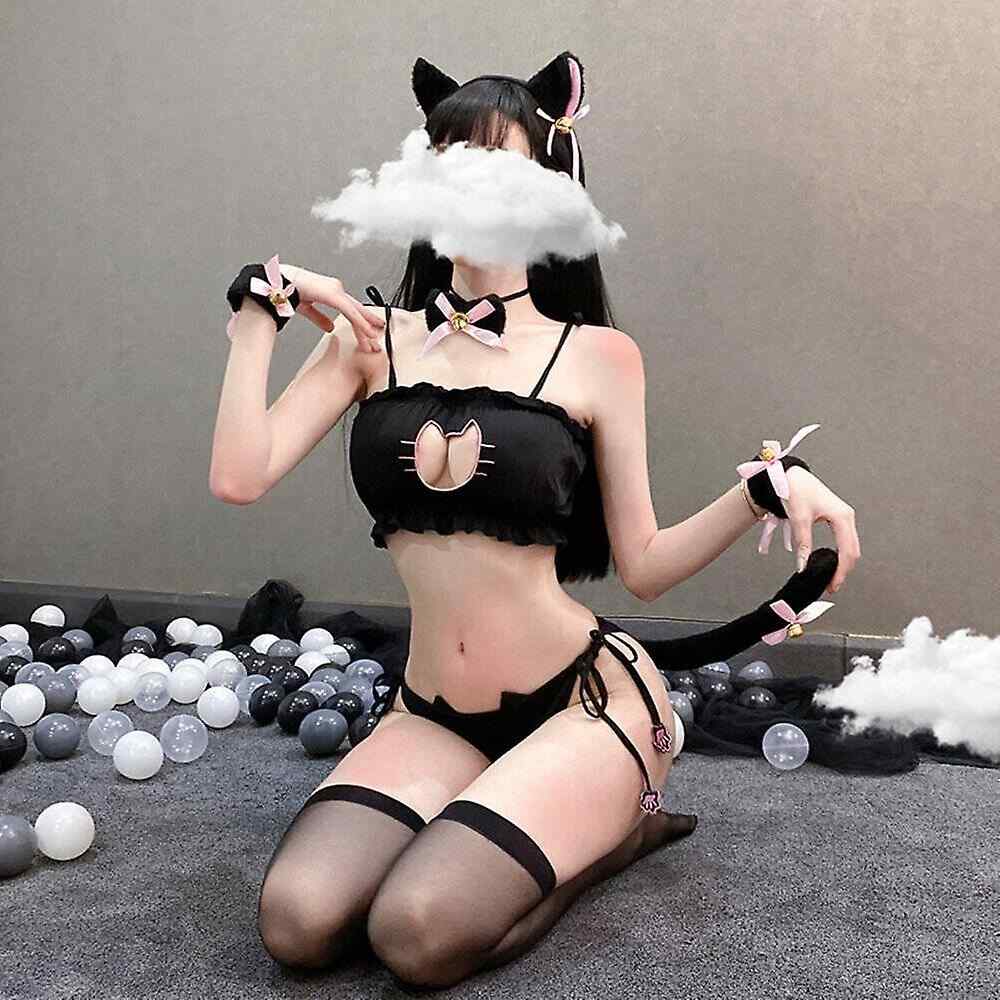 Cutecore catgirl cosplay outfit with matching underpants, crop top, neko ears, and bell choker