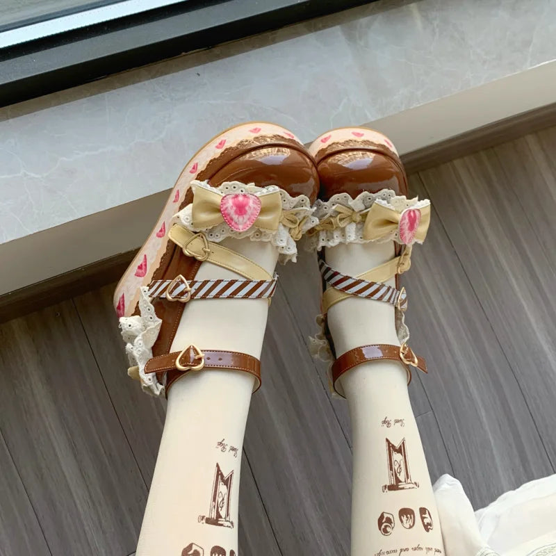 Cutecore Chocolate Strawberry Platform Heels with lacy trim and kawaii strawberry details, ideal for soft girl looks
