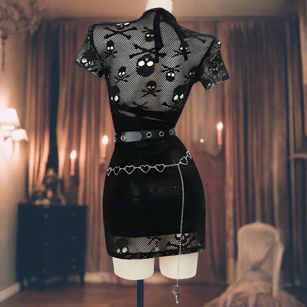 Cutecore gothic bodycon dress full set with mesh, sleeves, belt, and heart chains, edgy DDLG/ABDL style