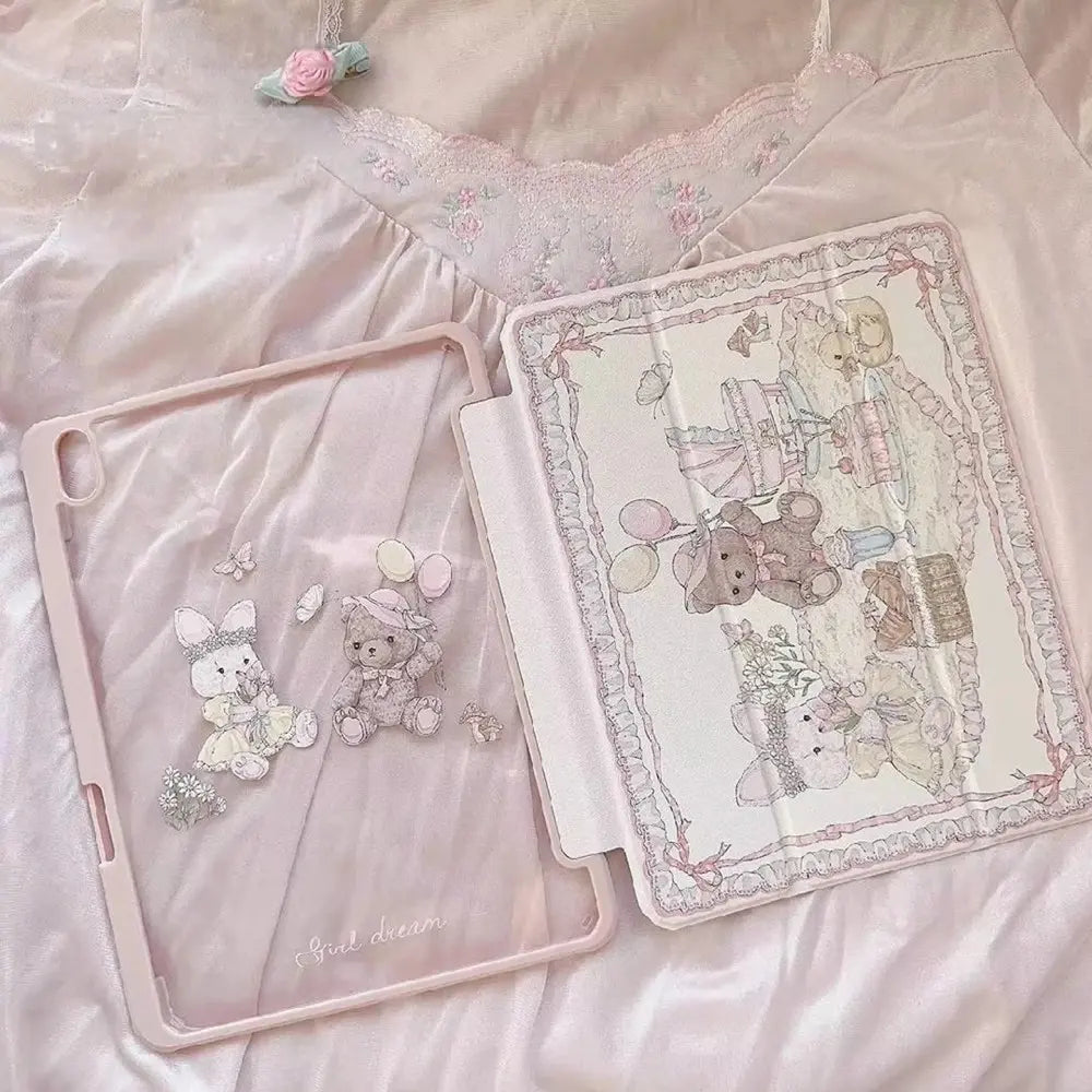 Cutecore pastel iPad cover with picnic bear and bunny for relaxing videos, gaming, or browsing 🐻🐰