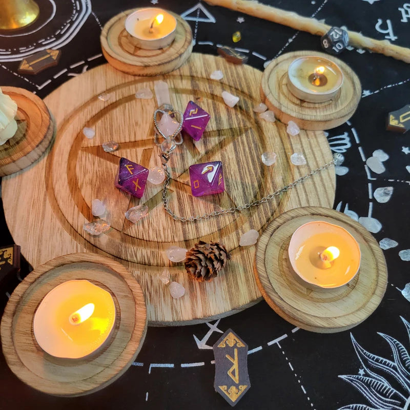 Rustic pine wood pentacle candle holder perfect for ABDL and kawaii altars