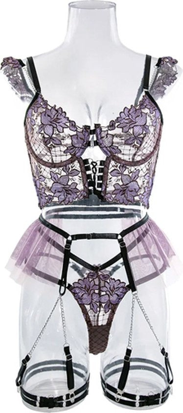 Cutecore royal purple corset tutu set, daring cut-out middle, matching lingerie, playful cosplay outfit
