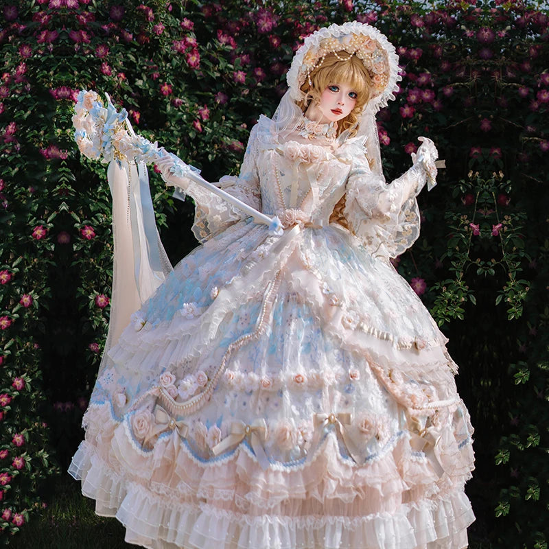 Cutecore ruffled tea dress for DDLG ABDL, soft pastel colors, structured waist, and dreamy trims